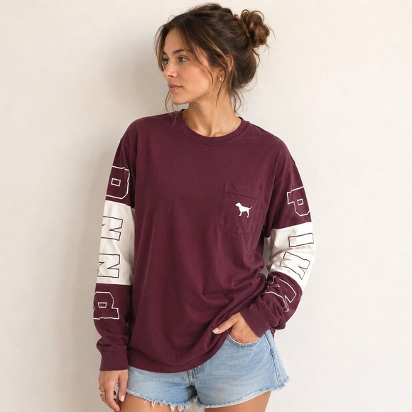 PINK Victoria's Secret Tops - PINK Victoria's Secret T-Shirt Womens Small Maroon Long Sleeve Pocket Graphic